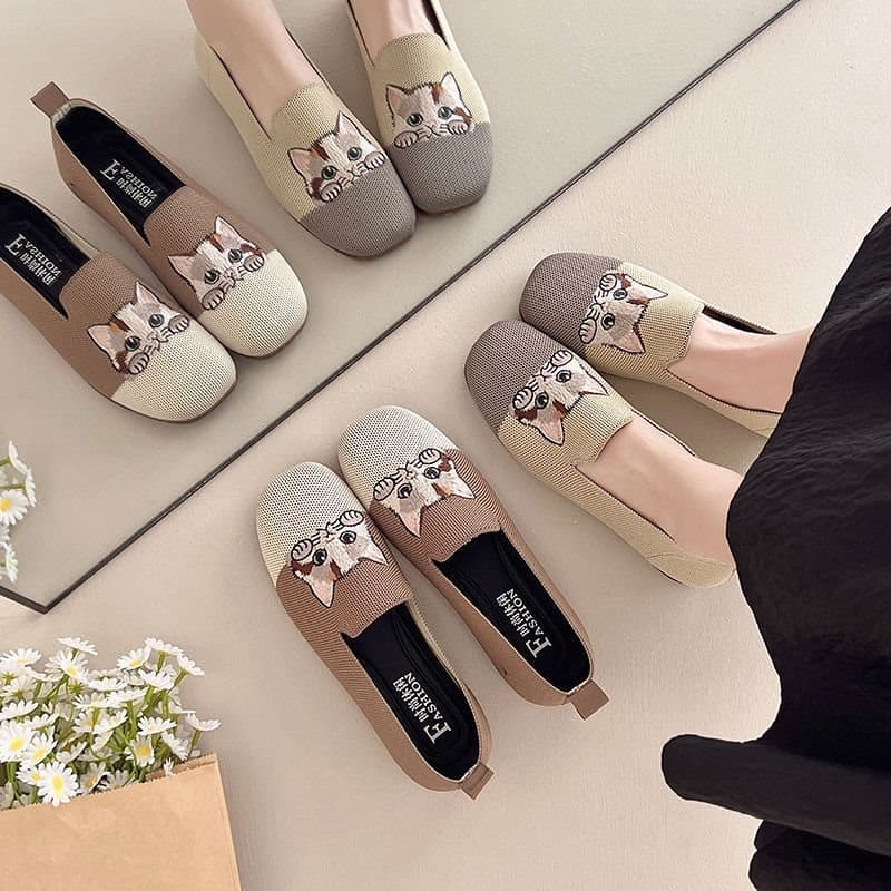 Knitted Women's Shoes Spring Summer 2026 New Style Slip-On Bean Square Toe Shallow Mouth Flyknit Flat Breathable Soft Sole Shoes