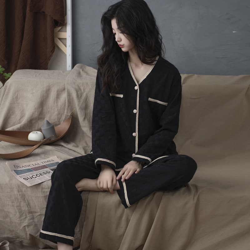 Women's Pajamas Spring Autumn Long Sleeve Wear-Out Plus Size Loungewear Cardigan, Autumn Style Little Fragrance Suit Black Winter