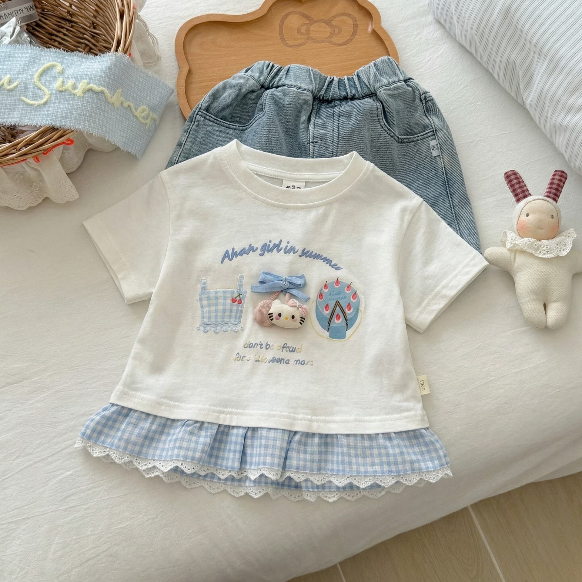 Girls short-sleeved cute T-shirt 2026 summer new style baby girl Korean version cute cartoon plaid lace top trendy t
