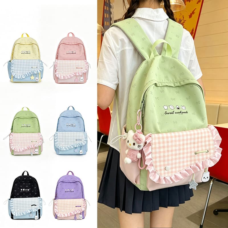 Cartoon Print Bow Backpack Girls Campus School Bag Girls Junior High School High School Students Plaid Backpack Women
