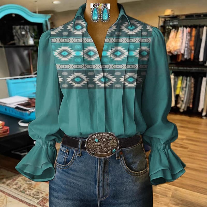 New Cross-border Amazon Women's Shirt with Lapel, 3D Printed Long Sleeve, V-Neck Casual Flared Sleeve Blouse for Fall