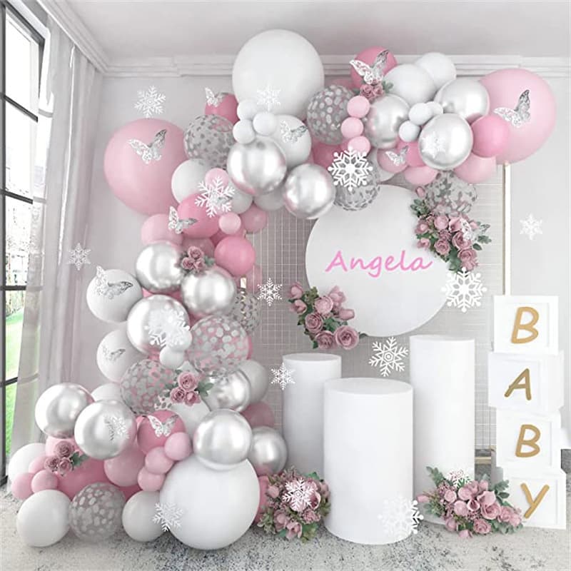 140-Piece Pink and Silver Balloon Arch Kit with 3D Silver Butterflies for Birthday Party, Baby Shower, Bridal Shower