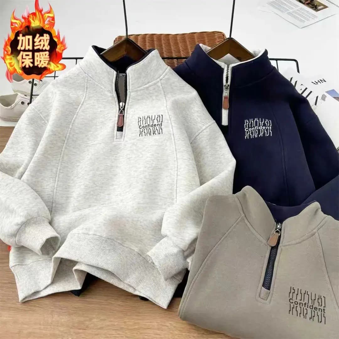 Boys' Fleece-Lined Windproof Sweatshirt Autumn/Winter 2026 New Style Children's Thickened Stand-Collar Top for Older Kids Warm Long-Sleeve Trendy