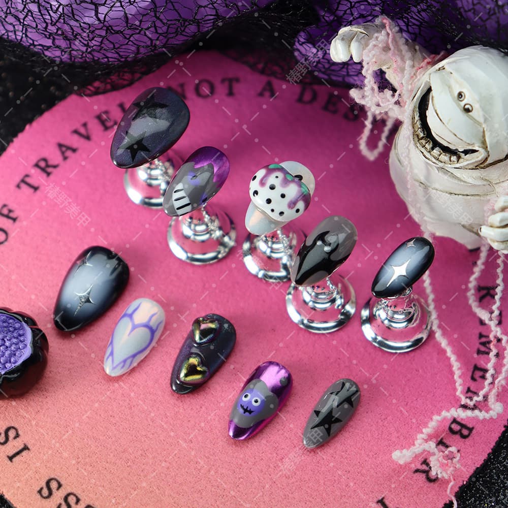 Best-selling Halloween Wearable Nails, Dark Style, Hand-Painted Ghost Bats, Poison Apples, Nail Art, Clip-On Nails, Short Style, Light Luxury Style