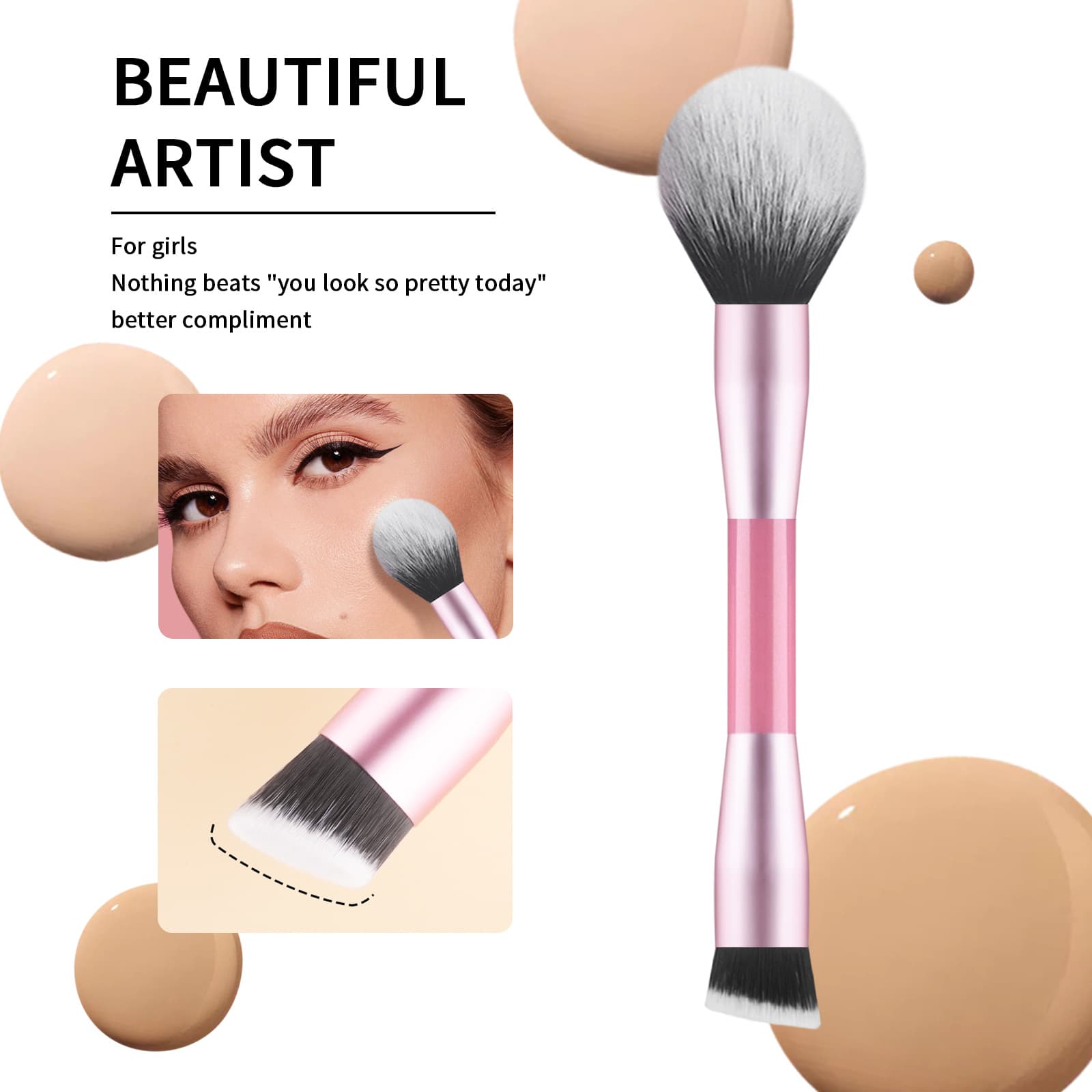 Single-pack double-ended makeup brush, fluffy loose powder brush + angled foundation brush, two-in-one multi-functional beauty tool