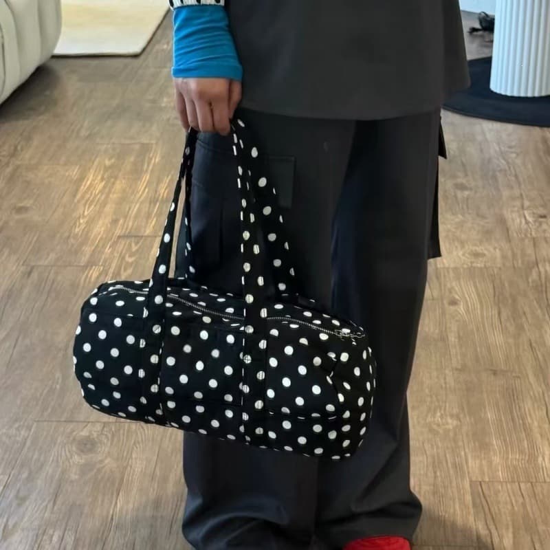 2026 New Korean Style Cute Black and White Polka Dot Large Capacity Shoulder Bag Casual Versatile Travel Handbag for Women