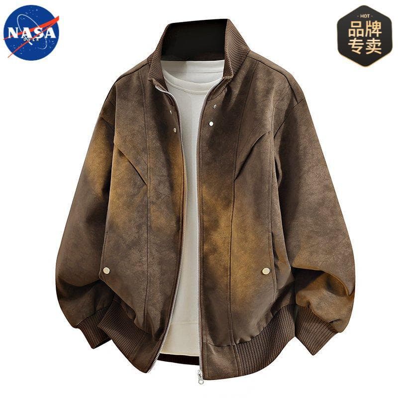 NASA Brand High-Quality American Baseball Collar Leather Jacket, Men's Plus Size Casual High-End Light Luxury Stylish Coat