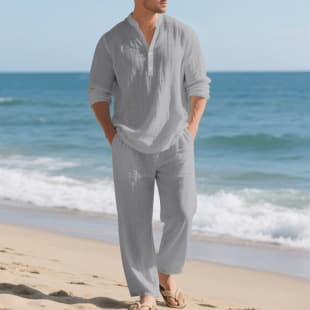 2026 Men's New Arrival Cross-border Independent Station Linen Suit, Men's Loose Casual Long-Sleeve Sports Set
