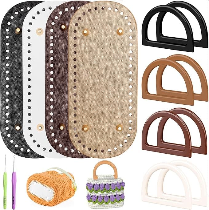 Crochet Bag Base with D Shape Wallet Handle for Bag Making, 2 Pieces Crochet Hooks, 4 Color Leather Wallet