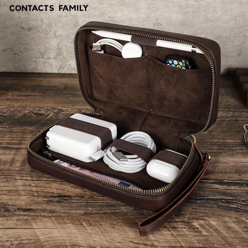 Handmade Leather Storage Box for Apple Data Cable And Stylus Zipper Pouch Mobile Phone Accessories Genuine Leather Case
