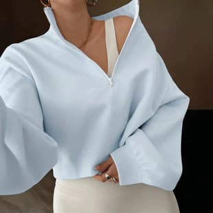 European and American Casual Chic Versatile Solid Color Half-Zip Fold Collar Cropped Top Slim Fit Pullover Sweatshirt for Women