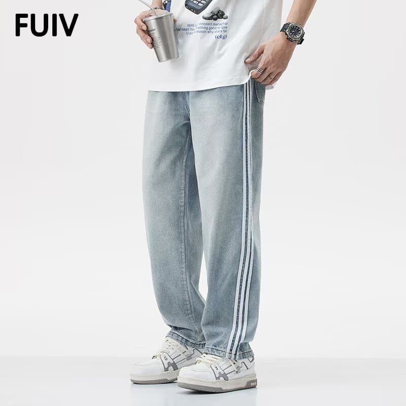 FUIV American Stripe Stitching Jeans Men's Trendy Vintage Straight Loose High Street Trousers