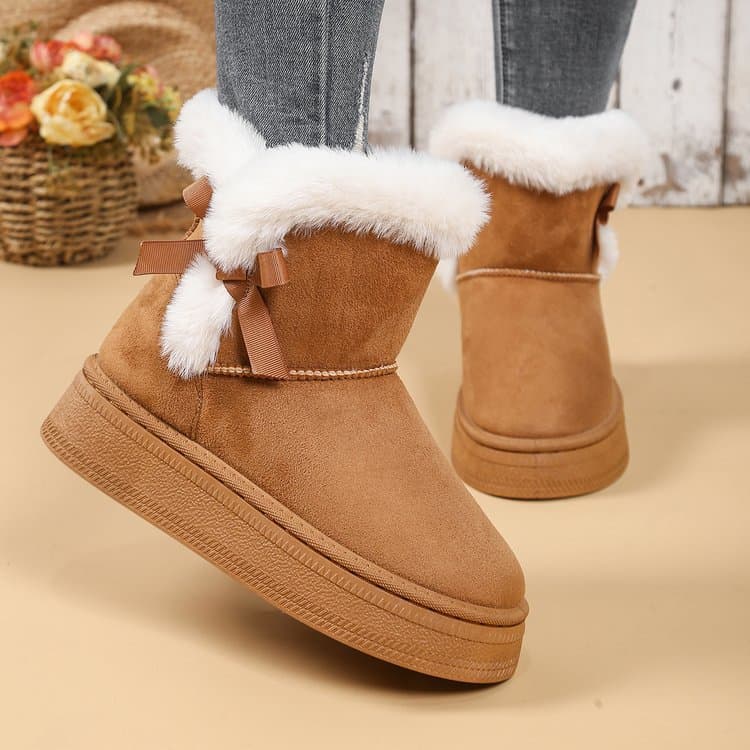 2025 New Gentle Fashion Snow Boots for Women with Fur Collar Bowknot, Plus Size Casual Short Boots, Thick Sole Cotton Shoes for Women