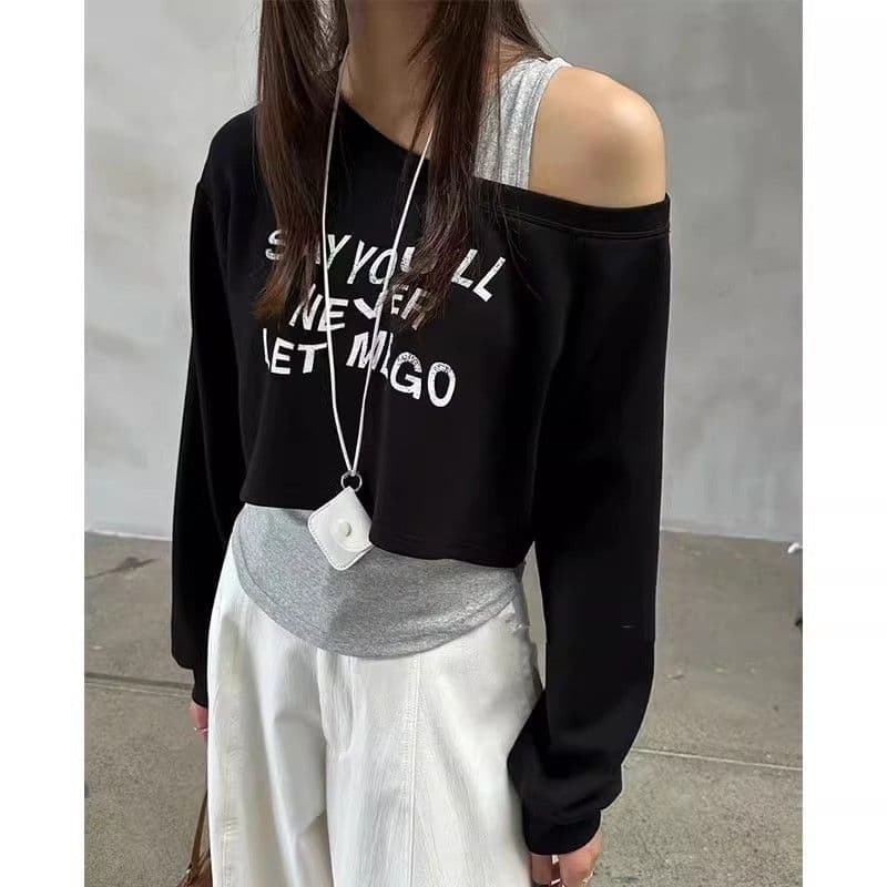 Faux Two-Piece Off-Shoulder Long-Sleeve Sweatshirt for Women 2025 Fall New Korean Style Loose Letter Print Versatile Top