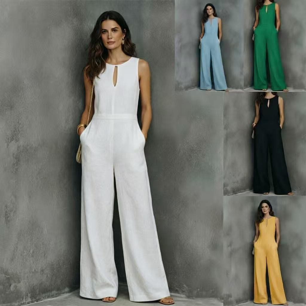 European and American cross-border style linen jumpsuit for women, round neck, small slit, sleeveless, high waist, wide legs, slimming holiday jumpsuit