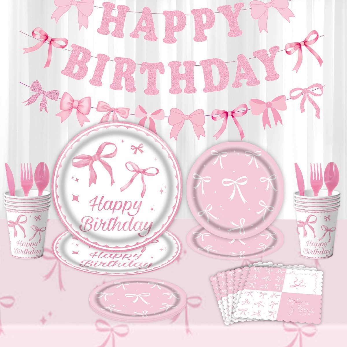Cross-border Pink Bow Theme Birthday Party Disposable Paper Plates Cups Banner Tablecloth Decoration Set Hot Selling