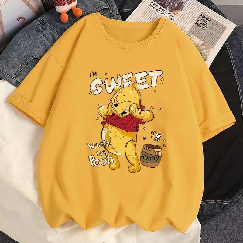 Pure cotton back collar, cute cartoon Winnie the Pooh printed loose short-sleeved top, new summer T-shirt for women, versatile