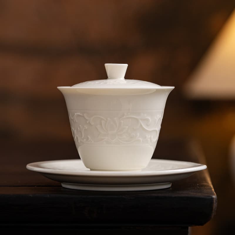 Song-style Ding Kiln White Ceramic Carved Lotus Scroll Lid Bowl, High-End Tea Brewing Vessel, Large Capacity, Home Kung Fu Tea Set