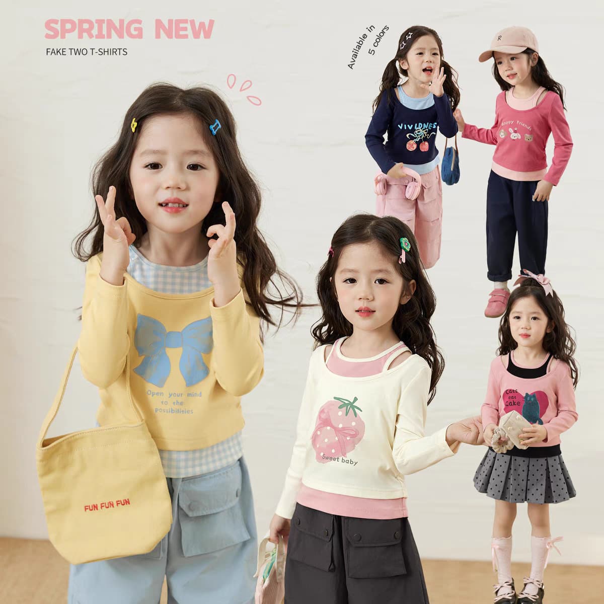 Sweet Little Sister Girls' Faux Two-Piece T-Shirt New Spring and Autumn Cartoon Long-Sleeve Top Baby Cartoon Stretchy Base Shirt