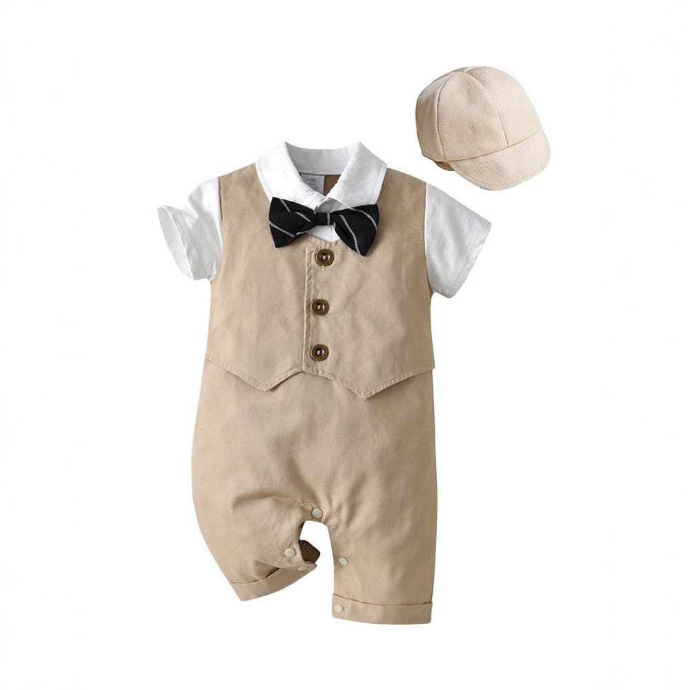 Baby Boy Gentleman Suit Short Sleeve Bodysuit Bow Tie Suspenders Romper Summer New Infant Hat Set