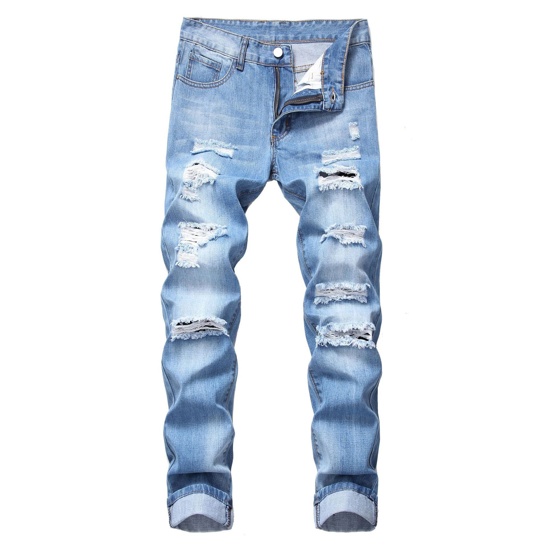 Cross-border men's ripped straight-leg slim fit non-stretch jeans multi-tattered men's Amazon North American trousers