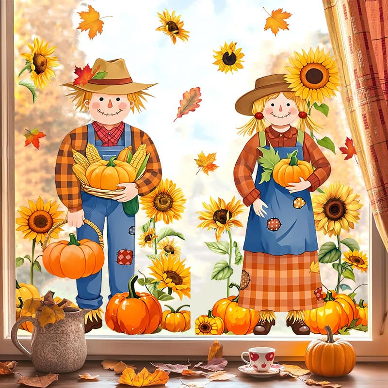 Autumn Thanksgiving Static Cling Sunflower Pumpkin Scarecrow Window Stickers Kitchen Glass Window Decoration PVC Stickers
