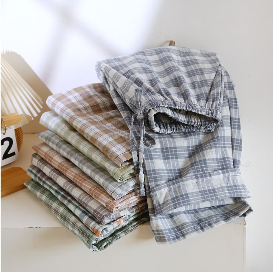 Can Be Worn Outside, Suitable for All Seasons, Spring and Summer Men's Single-Layer Washed Cotton Thin Pajama Pants, Simple and Comfortable Plaid Home Long Pants