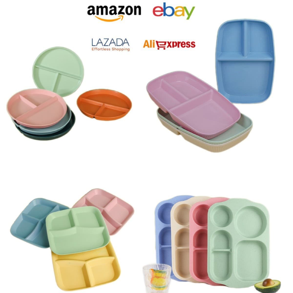 Cross-Border Wheat Straw Divided Tray Fast Food Tray Creative Cafeteria Shared Meal Tray Fruit Weight-Loss Tray 3-Compartment Tray