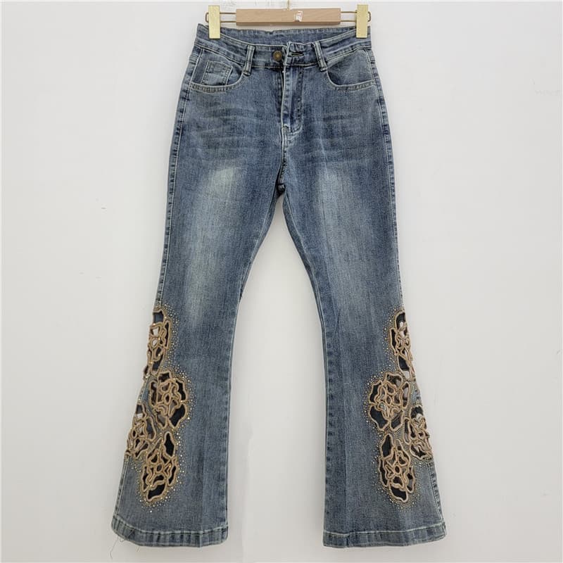 European 2025 Spring/Autumn New Floral Cluster Gold Trim Rhinestone Flower Hollow Flared Stretch Denim Long Pants for Women