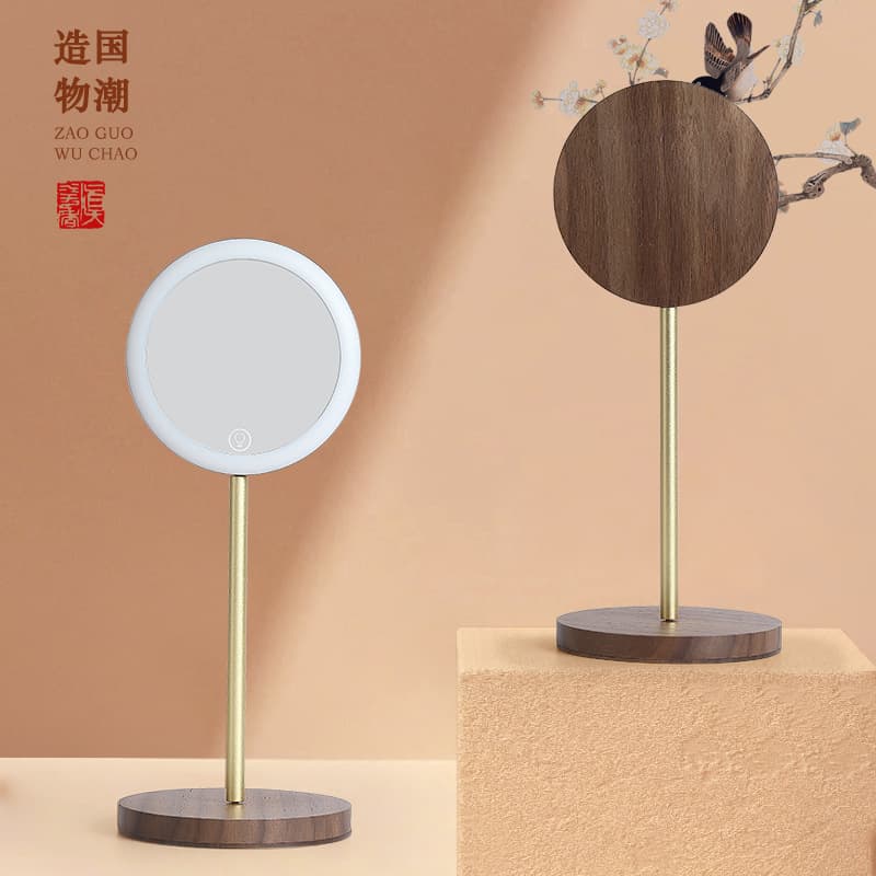 Walnut Solid Wood Makeup Mirror with LED Light, Rechargeable Desktop Dressing Mirror, Portable Fill Light