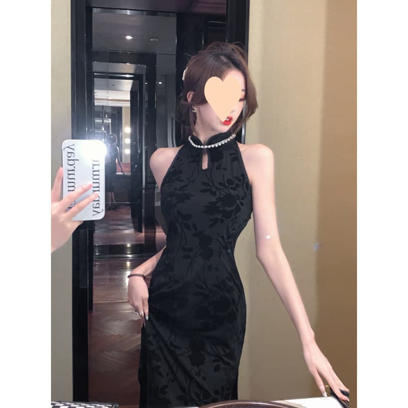 New Chinese-style Cheongsam Dress Black Evening Gown Light Luxury Niche Elegant Socialite Slit Bodycon Long Dress for Women