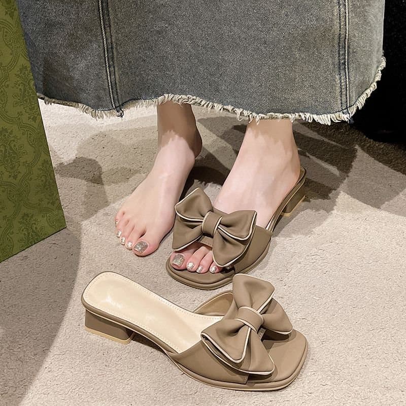 French Sandals 2025 New Women's Fashion Trendy Mid Heel Chunky Heel Mule Butterfly Knot One-Strap Slip-On Square Toe Outdoor Wear