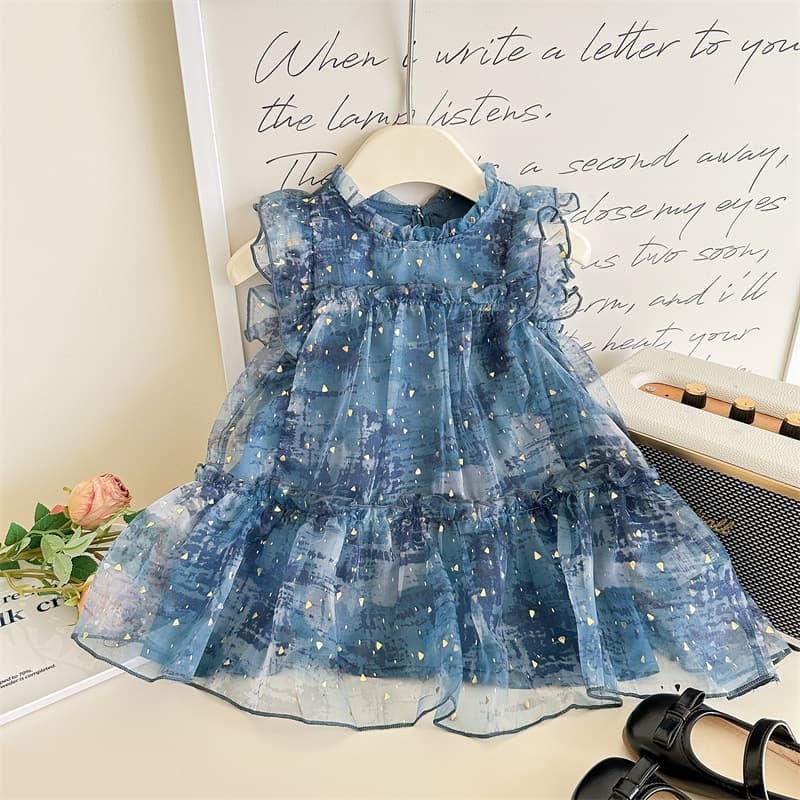 Girls Dress 2025 Summer New Stylish Kids Dress Little Flutter Sleeve Baby Princess Dress Summer Mesh Skirt