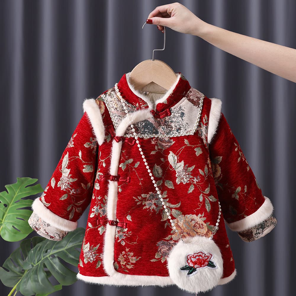 Hanfu New Year Outfit Chinese Style Tang Suit for Toddlers Winter Qipao Dress Baby Girl Winter Ethnic Style