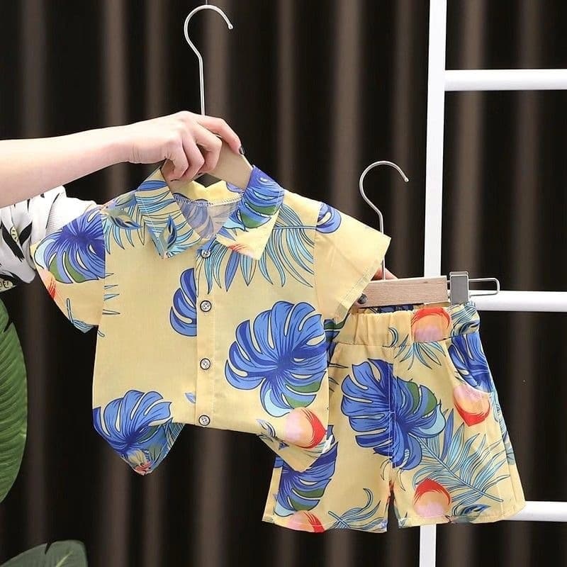 Boys Summer Short Sleeve Floral Shirt Shorts Set Children's Vacation Beach Wear Casual Pants Trend European American Print Shirt
