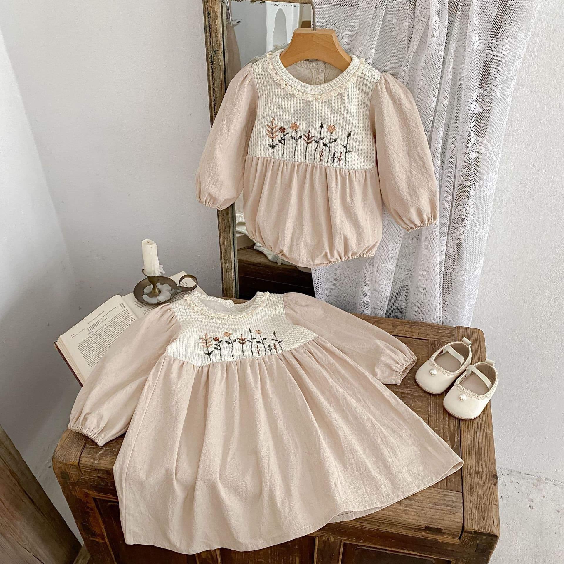 2026 knitted embroidered patchwork khaki skirt sister outfit baby girl long-sleeved rompers dress