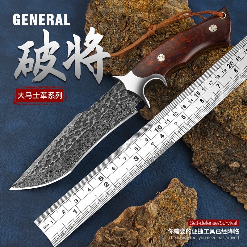 Damascus steel outdoor knife, small fixed knife, forged handmade knife, self-defense knife, outdoor survival knife