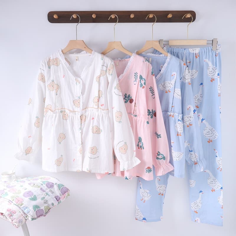 Summer Cotton Double-Layer Gauze Maternity Nursing Sleepwear V-Neck Cardigan Side-Opening Sweat-Absorbing