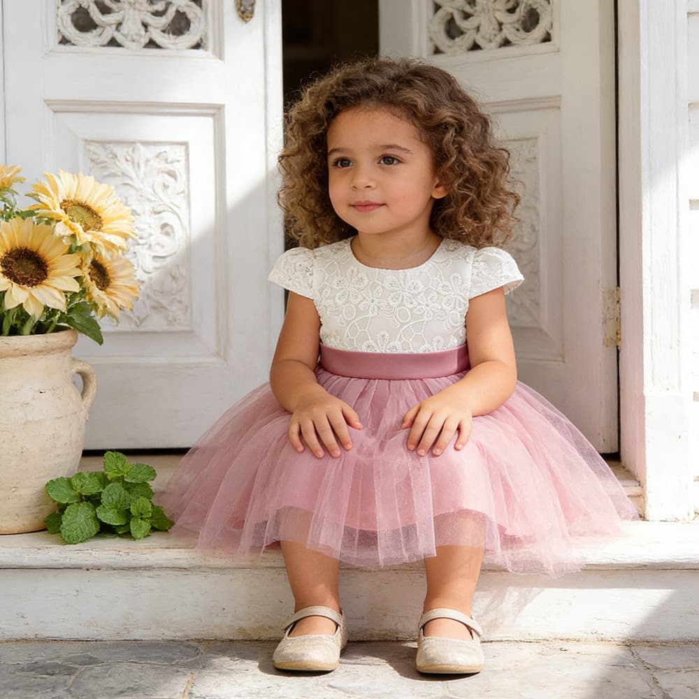 2026 Children's Dress Princess Dress Puff Sleeve Color Block Flower Girl Little Girl Party Dress Baby One Year Old Christening Dress