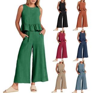 2025 Simple European American Cross-Border Trade Top Wide-Leg Pants Round Neck Solid Color Women's Fashion Sleeveless Set