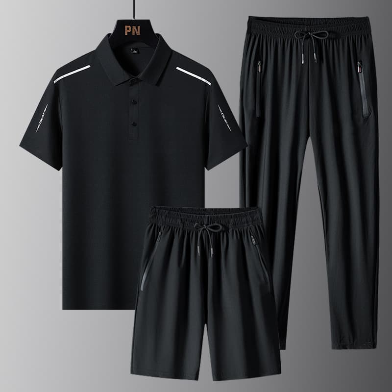 Cooling Breathable Turn-Down Collar Polo Shirt Ice Silk Men's Short Sleeve T-Shirt Set Summer Long Sleeve Casual Men's Wear 3-Piece Set