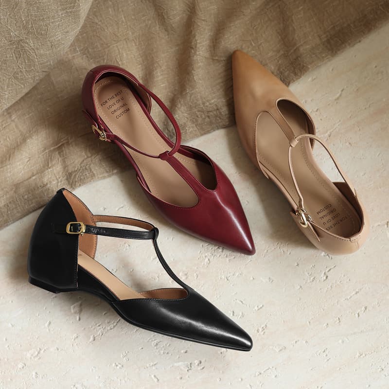 French Retro Genuine Leather Hidden Wedge Mary Jane 2026 Summer Mid Heel Platform Pointed Toe Closed-Toe Sandals for Women