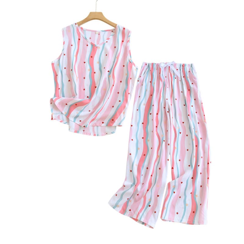 Cotton Silk Pajamas for Women, Summer Thin Rayon Vest, Wide-Leg Cropped Pants, Cool and Loose Home Clothes Set That Can Be Worn Outside