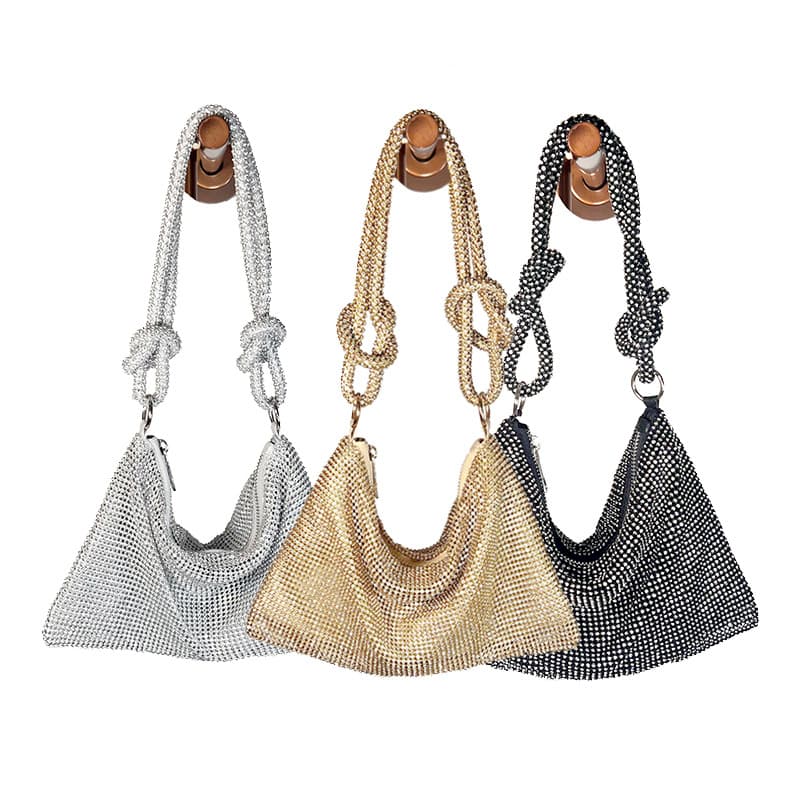 In-stock aluminum sheet cross-border rhinestone-encrusted evening bag, trendy sparkly knotted rhinestone handmade underarm banquet bag.