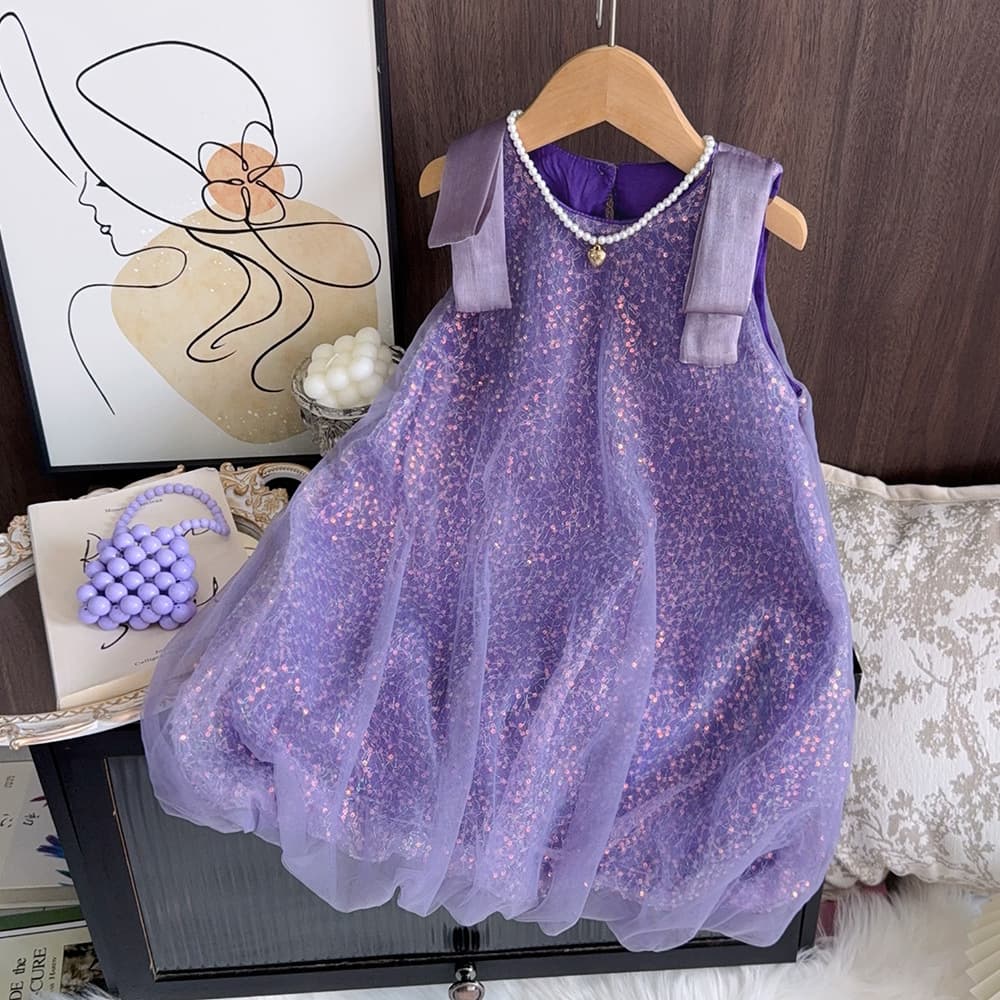 Summer cross-border popular girls' dress purple sequin fairy skirt mesh sleeveless princess dress children's clothing trend