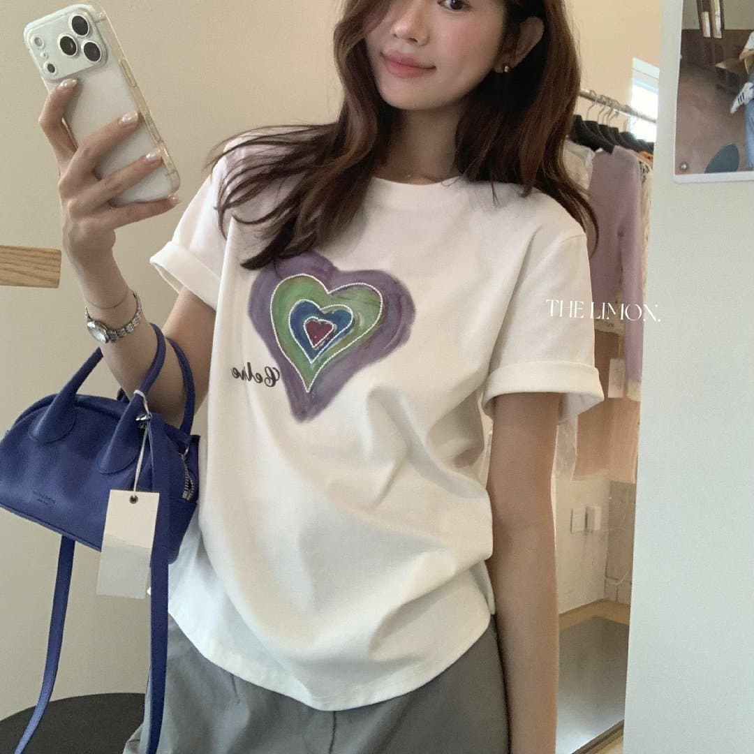 Lemon Green Tea 2026 Summer Round Neck Short Sleeve T-Shirt Women's Love Print Loose Versatile Top