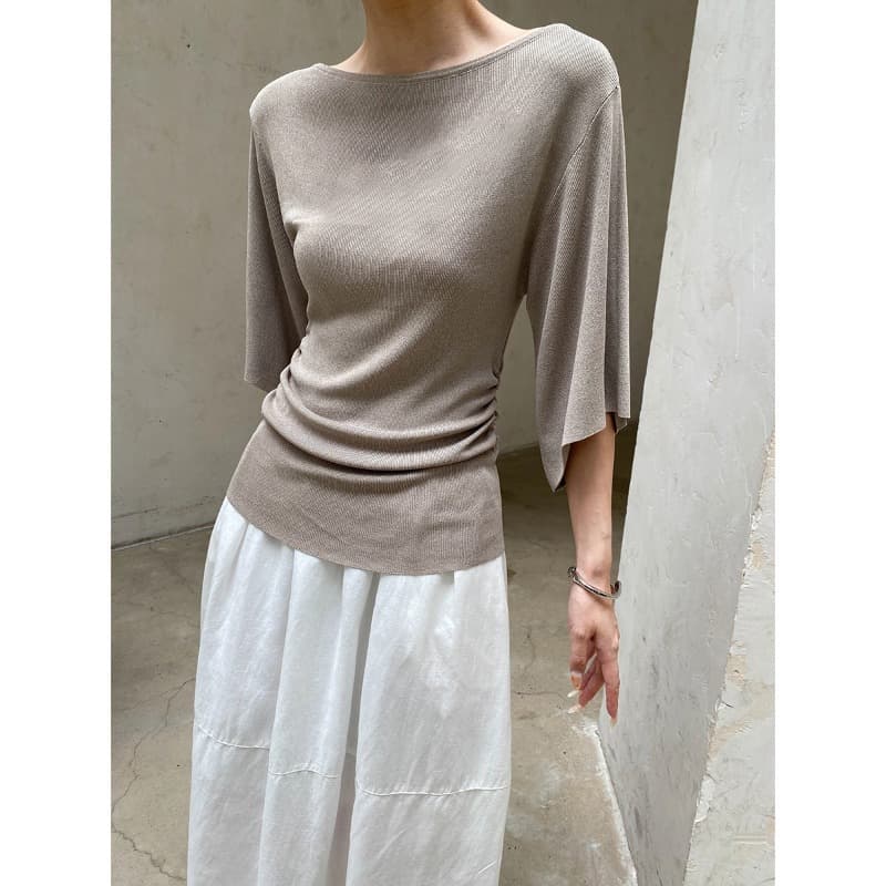Sinan Su Diao Wen Rou Tencel Linen Blend Off-Shoulder Ruffle Waist Flared Sleeve Knit Top SN9058