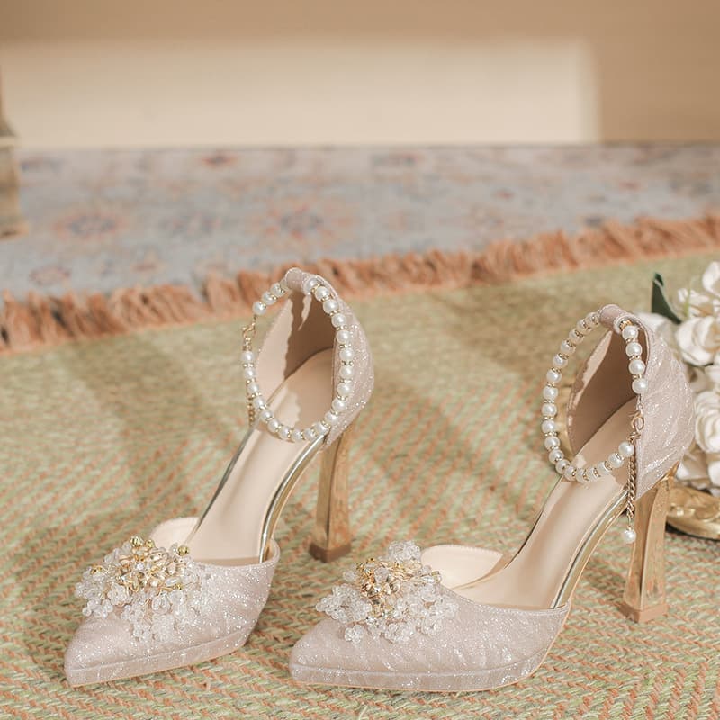 2026 Autumn New Pointed Toe Champagne Gold Crystal Shoes, Strap Rhinestone Hollow Shoes, Short Women Platform Single Shoes