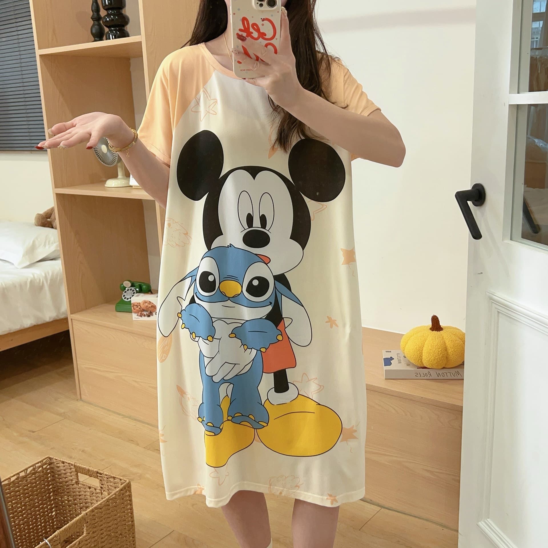 Sleep Dress Women Summer 2025 New Midi Sleep Dress Milk Cotton Korean Cartoon Student Pajama Wearable Homewear