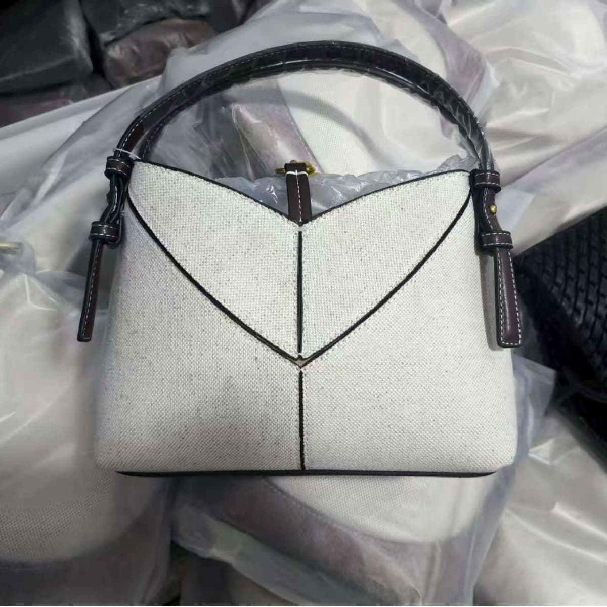 Z Brand New Women's Mini Canvas Tote Bag Patchwork Shoulder Handbag Stitched Line Bag Women's Bag